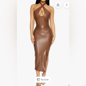 NAKED WARDROBE faux brown leather super stretch sexy halter dress m vegan